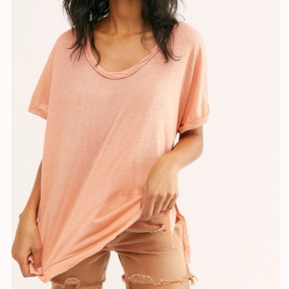 We The Free Free People Medium Coral Oversized Linen Blend Tee Slouchy T-Shirt - Picture 1 of 9